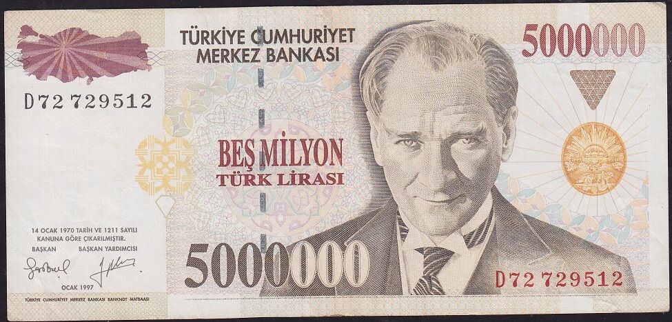 7.Emisyon 5 000 000 Lira D72 729512 Çok Temiz+