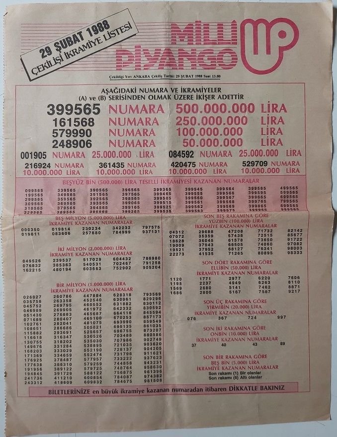 1988 29 Şubat Piyango Listesi