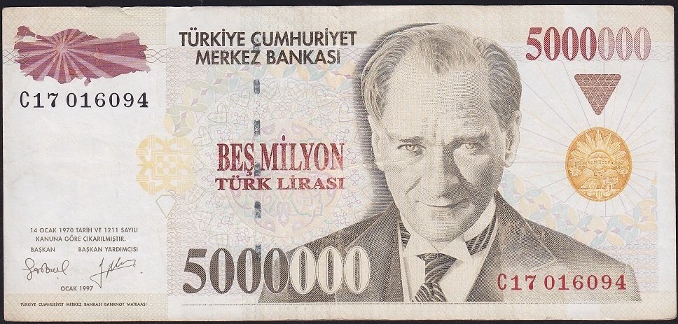 7.Emisyon 5 000 000 Lira C17 016094 Çok Temiz+