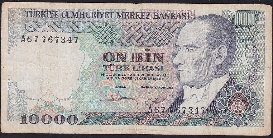 7.Emisyon 1.Tertip 10000 Lira A67 767347 Çok Temiz