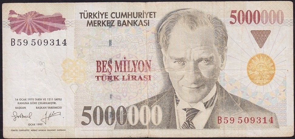 7.Emisyon 5 000 000 Lira B59 509314 Çok Temiz