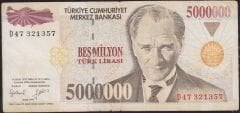 7.Emisyon 5 000 000 Lira D47 321357 Çok Temiz