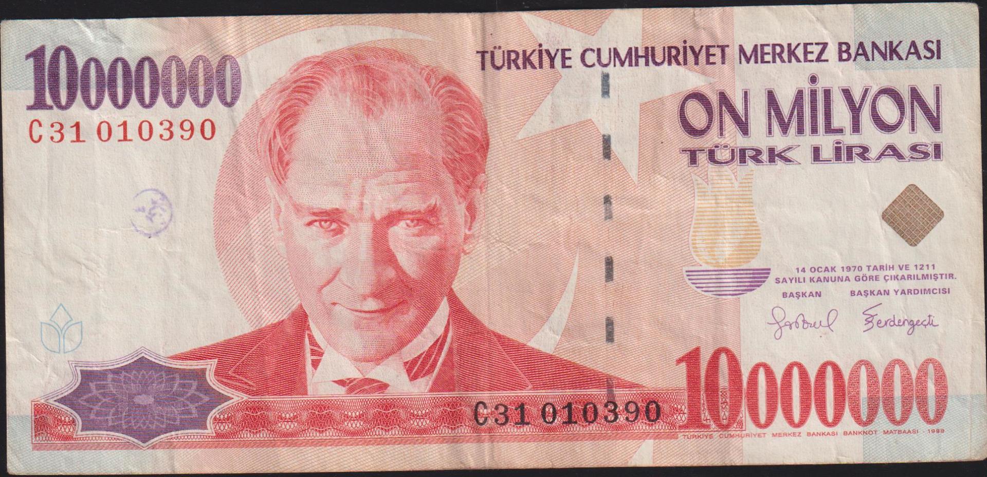 7.Emisyon 10 000 000 Lira C31 010390 Çok Temiz