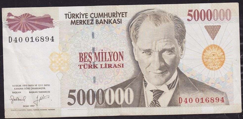 7.Emisyon 5 000 000 Lira D40 016894 Çok Temiz+