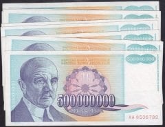 YUGOSLAVYA 500000000 DİNAR 1993 ÇOK ÇOK TEMİZ+   ( 10 ADET )