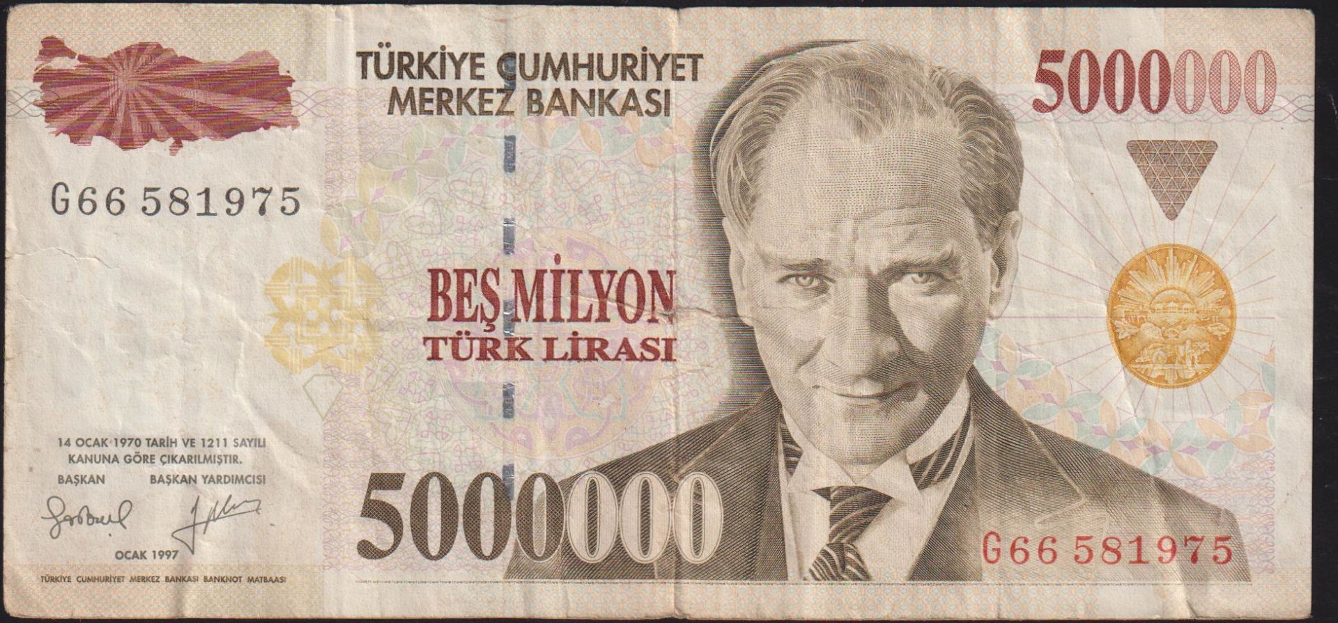 7.Emisyon 5 000 000 Lira G66 581975 Çok Temiz