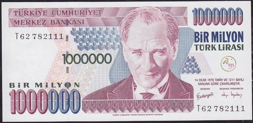 7.Emisyon 3.Tertip 1 000 000 Lira T62 782111 Çil