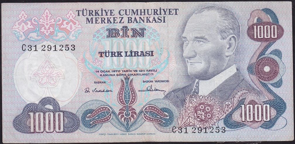 6.Emisyon 1.Tertip 1000 Lira C31 291253 Çok Temiz