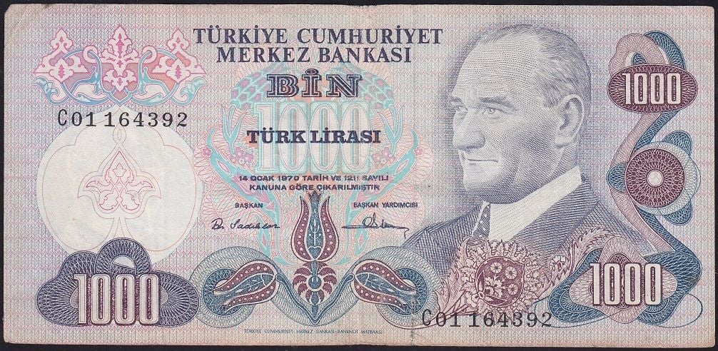 6.Emisyon 1.Tertip 1000 Lira C01 164392 Temiz