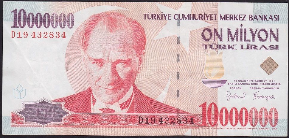 7.Emisyon 10 000 000 Lira D19 432834 Çok Temiz+