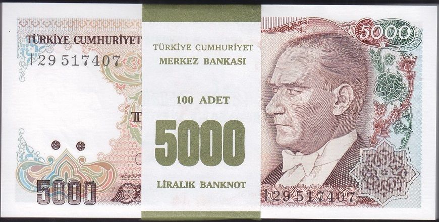 7.Emisyon 4.Tertip 5000 Lira I29 Deste (100 Adet) Çil