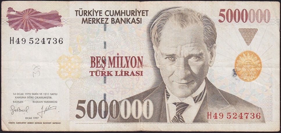 7.Emisyon 5 000 000 Lira H49 524736 Çok Temiz