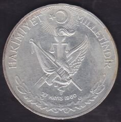 1960 Yılı 10 Lira - Hakimiyet Milletindir İhtilal Gümüş (15 Gram) Çilaltı