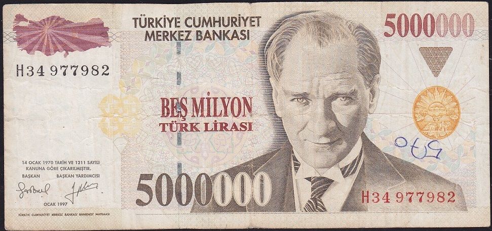 7.Emisyon 5 000 000 Lira H34 977982 Temiz