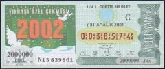 2001 31 Aralık Çeyrek Bilet - G Serisi