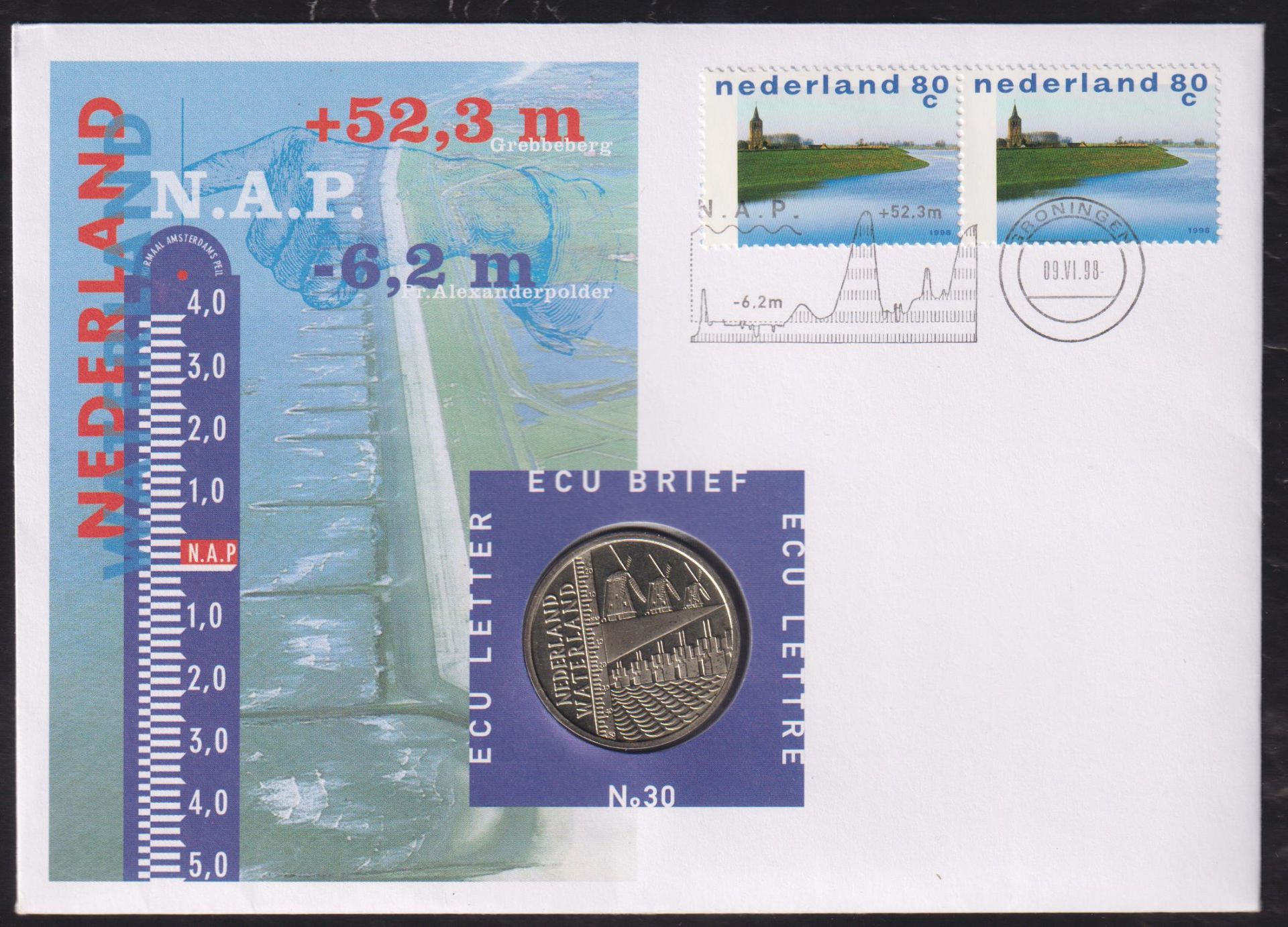 Hollanda 1 Ecu 1998 Folder Pullu ve Zarf Kapamada ( Hollanda Sulak Alanlar)