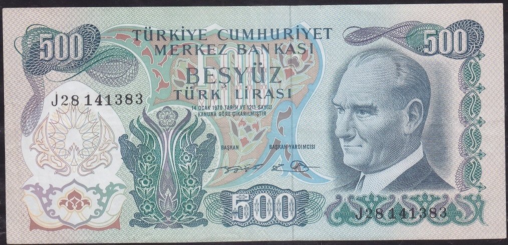 6.Emisyon 2.Tertip 500 Lira J28 141383 Çok Temiz +