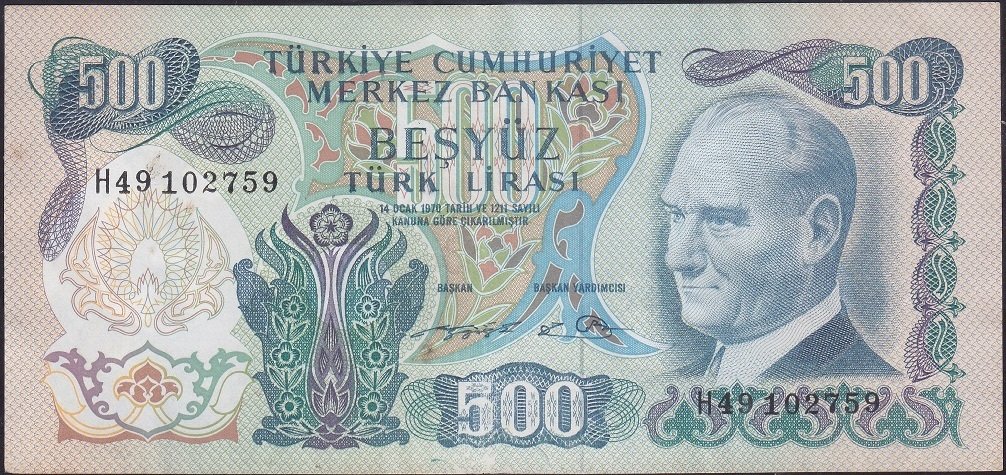 6.Emisyon 2.Tertip 500 Lira H49 102759 Ççt Çilaltı ( düzlenmiş )