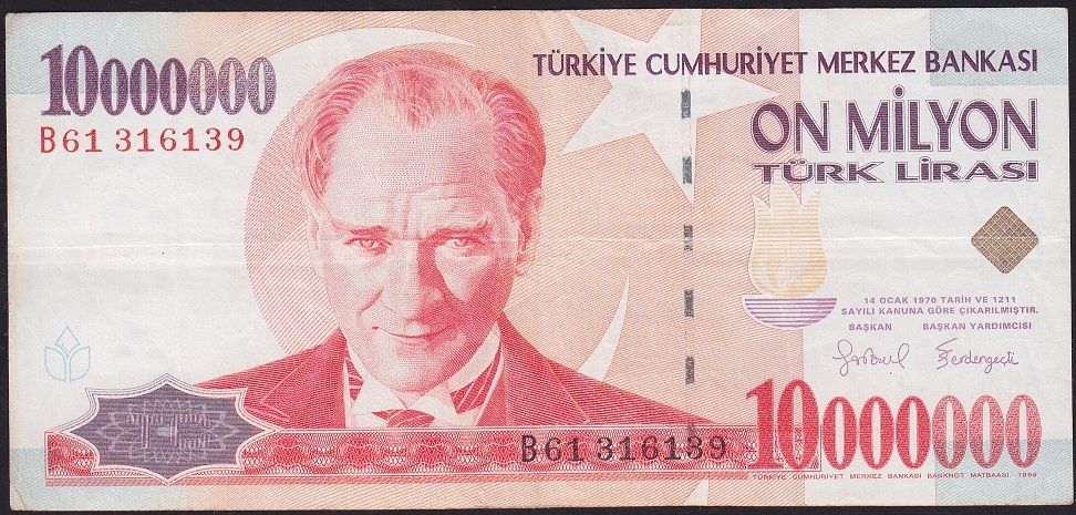 7.Emisyon 10 000 000 Lira B61 316139 Çok Temiz