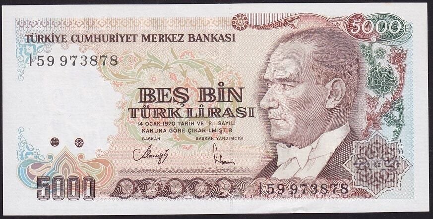 7.Emisyon 4.Tertip 5000 Lira I59 973878 Çilaltı (tedavül katı yoktur)