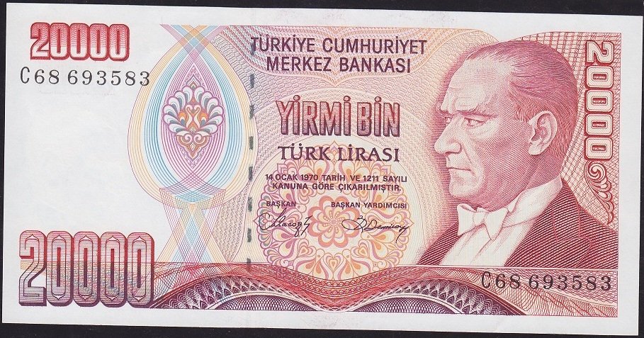 7.Emisyon 1.Tertip 20000 Lira C68 693583 Çilaltı Çil ( Bandrol baskı izleri var )