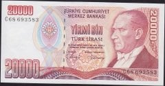 7.Emisyon 1.Tertip 20000 Lira C68 693583 Çilaltı Çil ( Bandrol baskı izleri var )