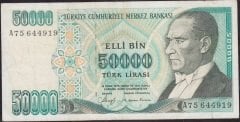 7.Emisyon 1.Tertip 50000 Lira A75 644919 Çok Temiz+