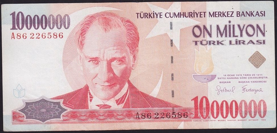 7.Emisyon 10 000 000 Lira A86 226586 Çok Temiz+