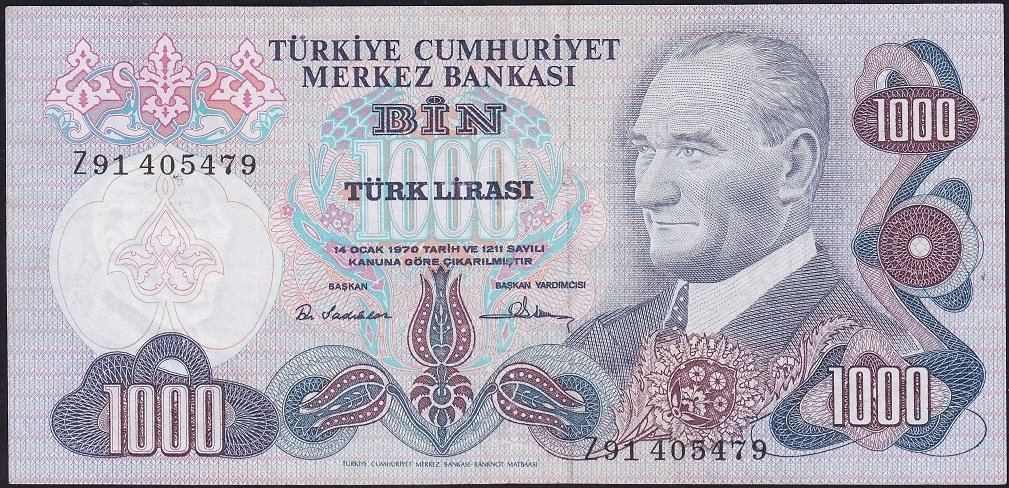 6.Emisyon 1.Tertip 1000 Lira Z91 405479 Çok Çok Temiz ( Düzeltme Var )