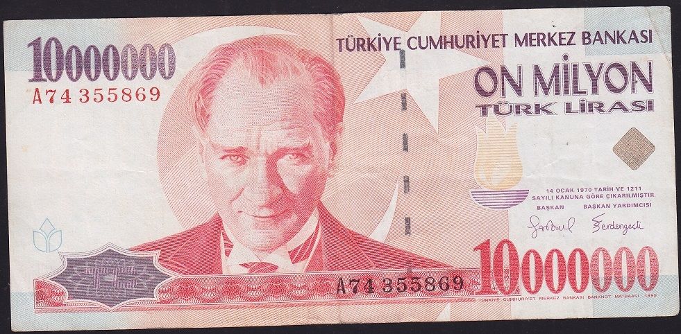 7.Emisyon 10 000 000 Lira A74 355869 Çok Temiz