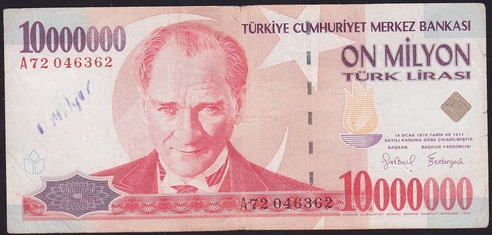 7.Emisyon 10 000 000 Lira A72 046362 Çok Temiz