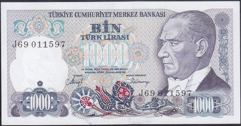 7.Emisyon 2.Tertip 1000 Lira J69 011597 Çil