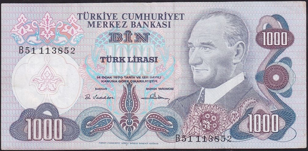 6.Emisyon 1.Tertip 1000 Lira B51 113852 Çok Temiz+