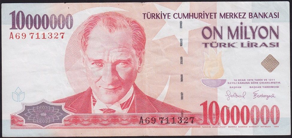 7.Emisyon 10 000 000 Lira A69 711327 Çok Temiz+