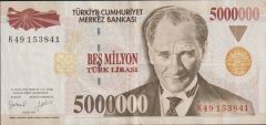 7.Emisyon 5 000 000 Lira K49 153841 Çok Temiz+