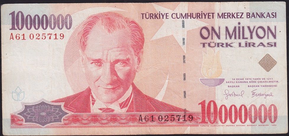 7.Emisyon 10 000 000 Lira A61 025719 Çok Temiz