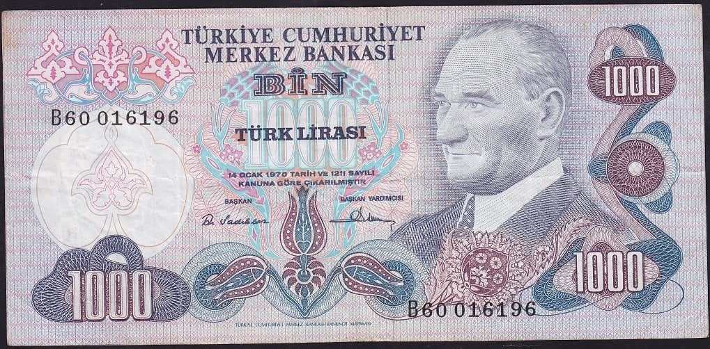 6.Emisyon 1.Tertip 1000 Lira B60 016196 Çok Temiz