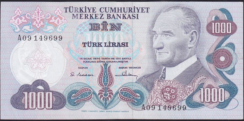 6.Emisyon 1.Tertip 1000 Lira A09 149699 Çok Temiz+