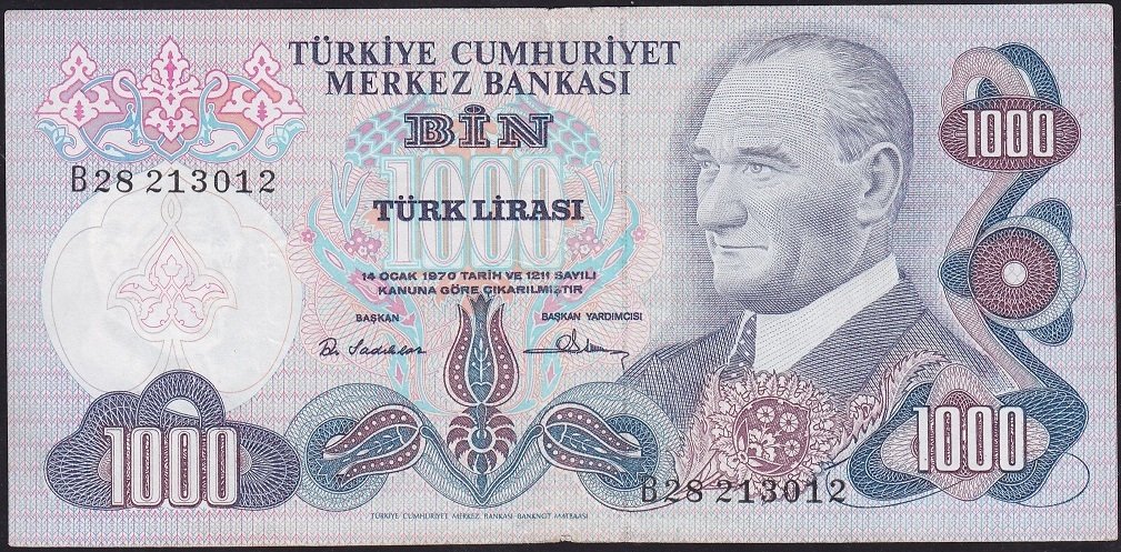 6.Emisyon 1.Tertip 1000 Lira B28 213012 Çok Temiz+