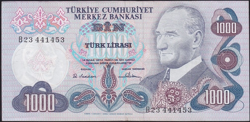 6.Emisyon 1.Tertip 1000 Lira B23 441453 Çok Temiz+