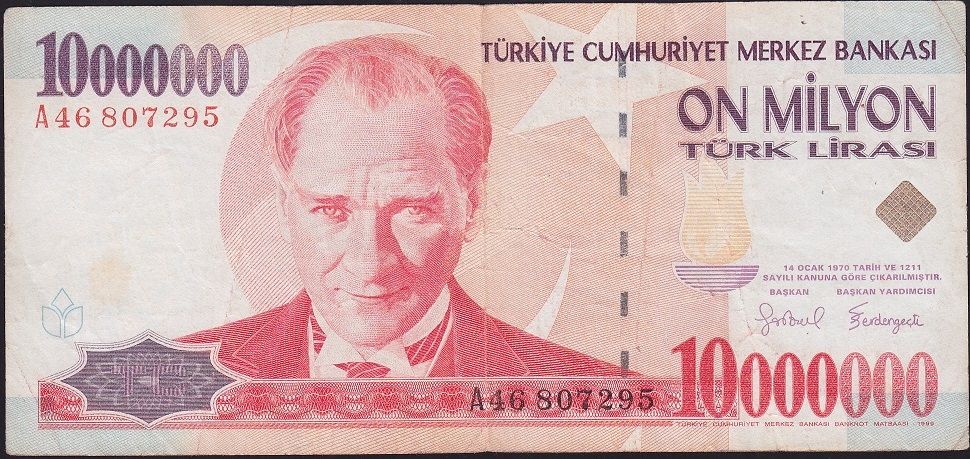 7.Emisyon 10 000 000 Lira A46 807295 Çok Temiz