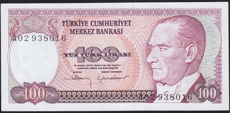 7.Emisyon 1.Tertip 100 Lira A02 938016 Çilaltı