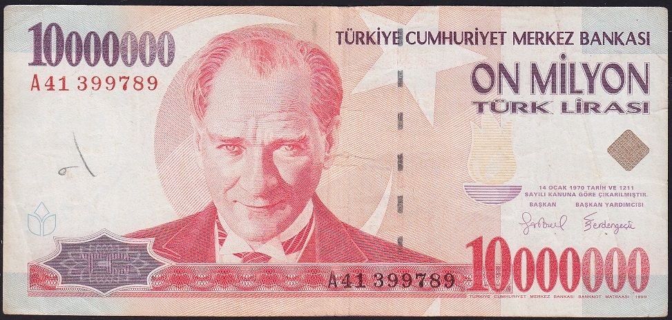 7.Emisyon 10 000 000 Lira A41 399789 Çok Temiz