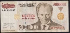 7.Emisyon 5 000 000 Lira G50 736547 Çok Temiz+