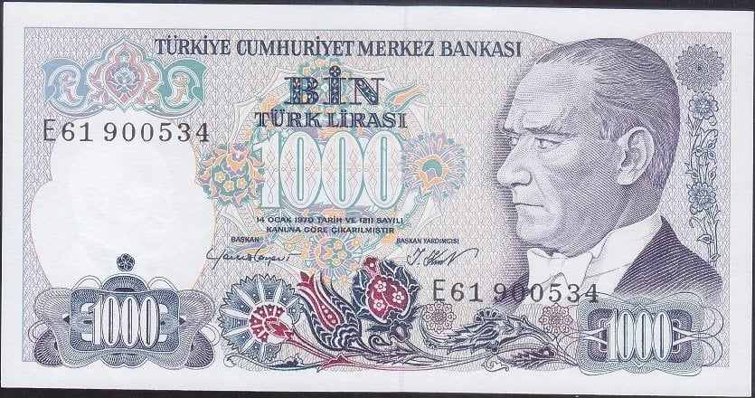 7.Emisyon 1.Tertip 1000 Lira E61 900534 Çil