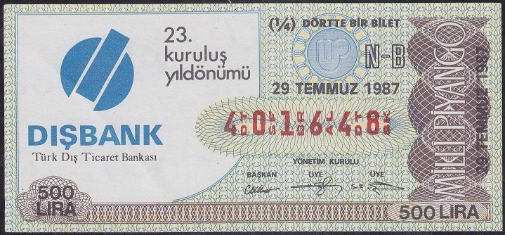 1987 29 Temmuz Çeyrek Bilet - N-B Serisi