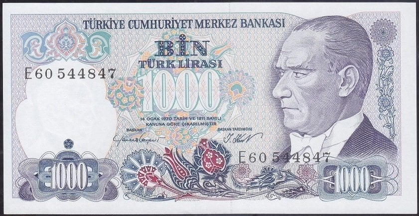 7.Emisyon 1.Tertip 1000 Lira E60 544847 Çilaltı Çil Bandrol baskı izi var