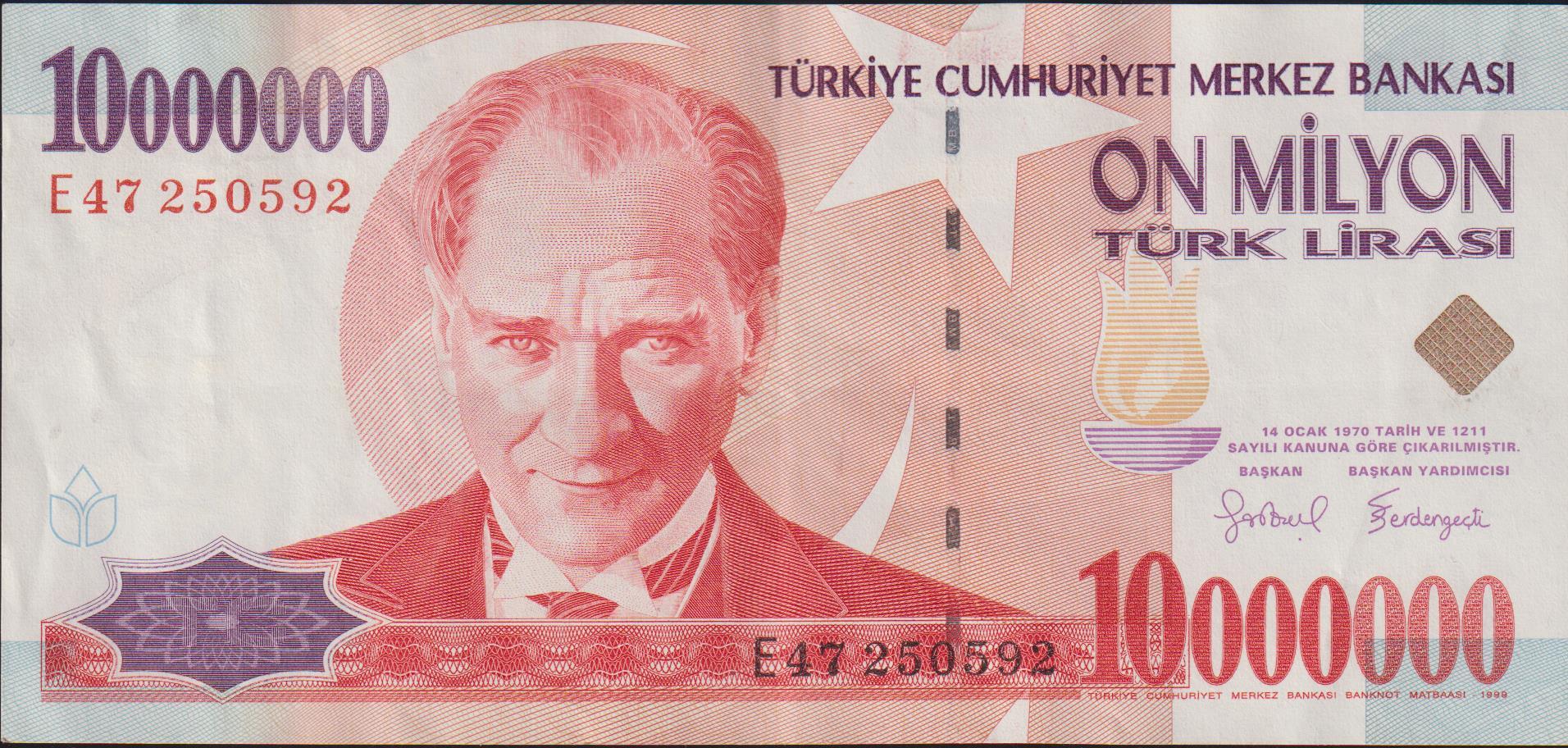 7.Emisyon 10 000 000 Lira E47 250592 Çok Çok Temiz+