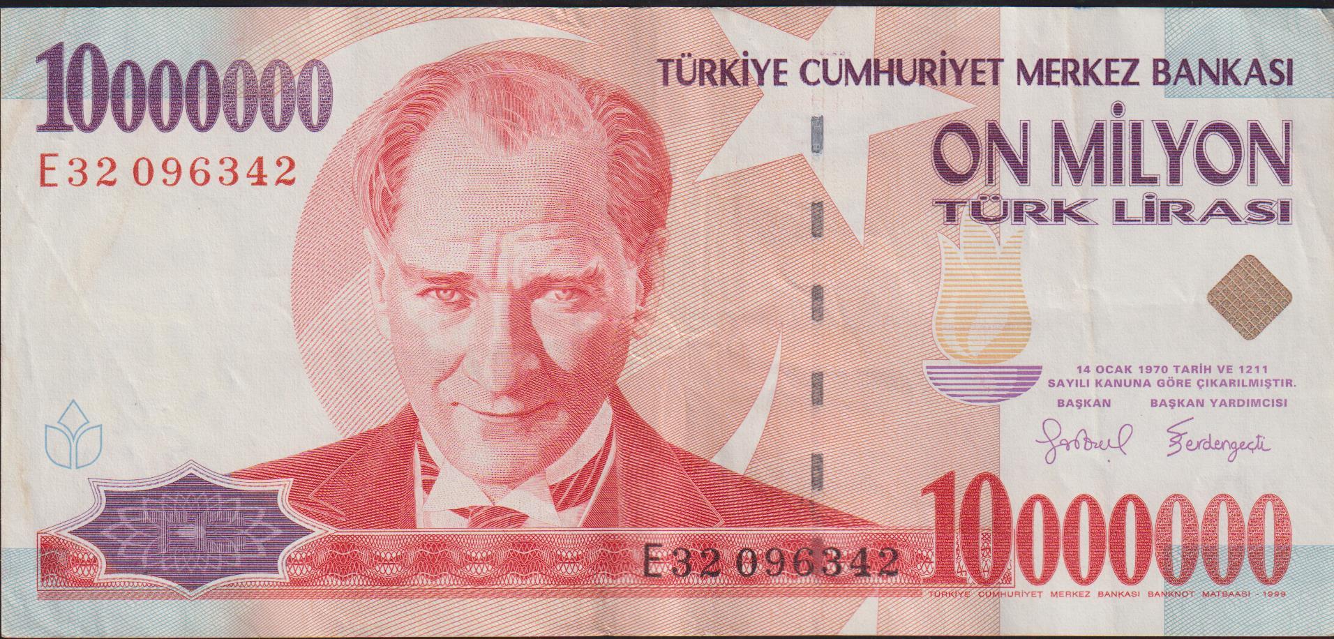 7.Emisyon 10 000 000 Lira E32 096342 Çok Temiz+