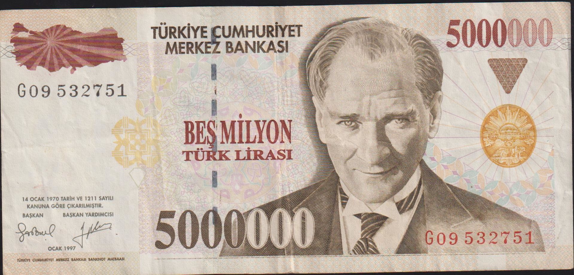 7.Emisyon 5 000 000 Lira G09 532751 Çok Temiz+